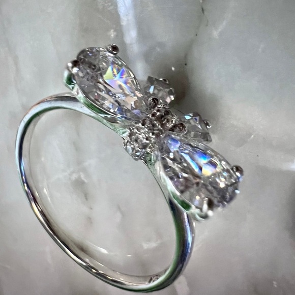 Unique Diamond Bow Ring Size 9. 14K White Gold 925 Ring Pear Cut & Baguettes - Picture 6 of 12